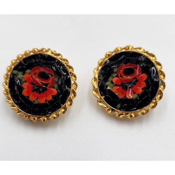 Vintage Round Mosaic Clip Back Floral Earrings Gold Tone - Picture 4 of 7